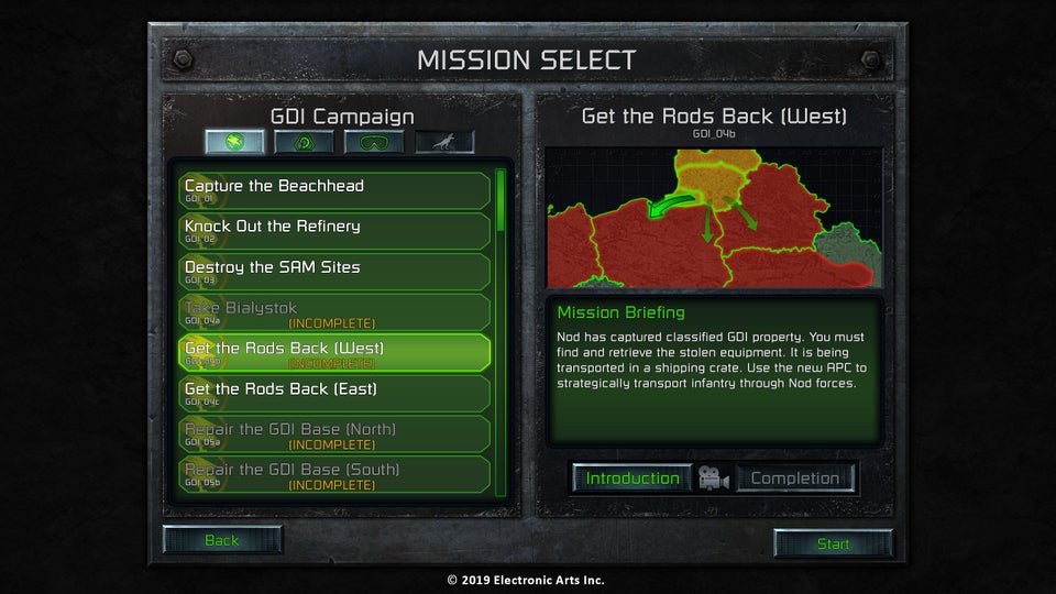 Command and Conquer Remastered Missionsmenü